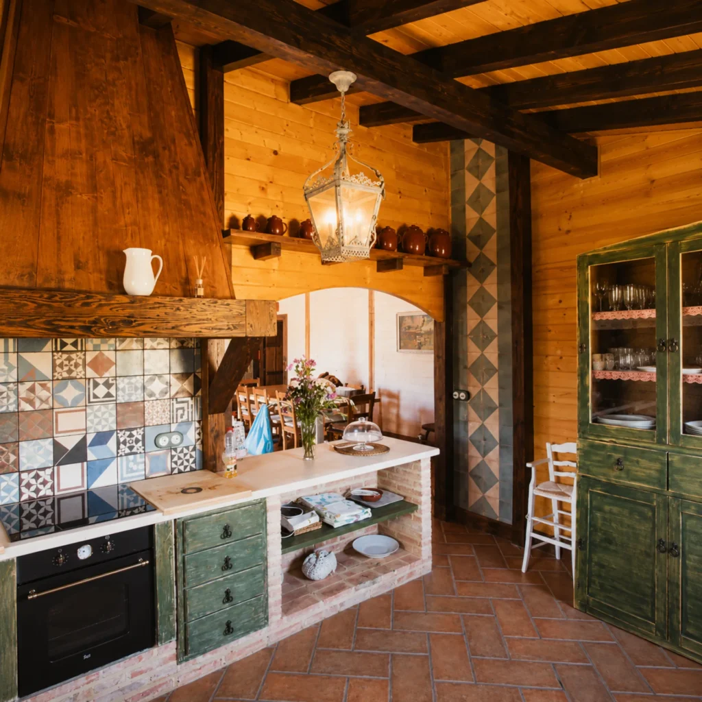 Cocina rústica con encimera, horno y revestimiento de madera