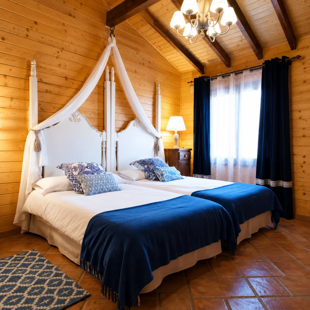 Cama de matrimonio con dosel en un dormitorio de madera
