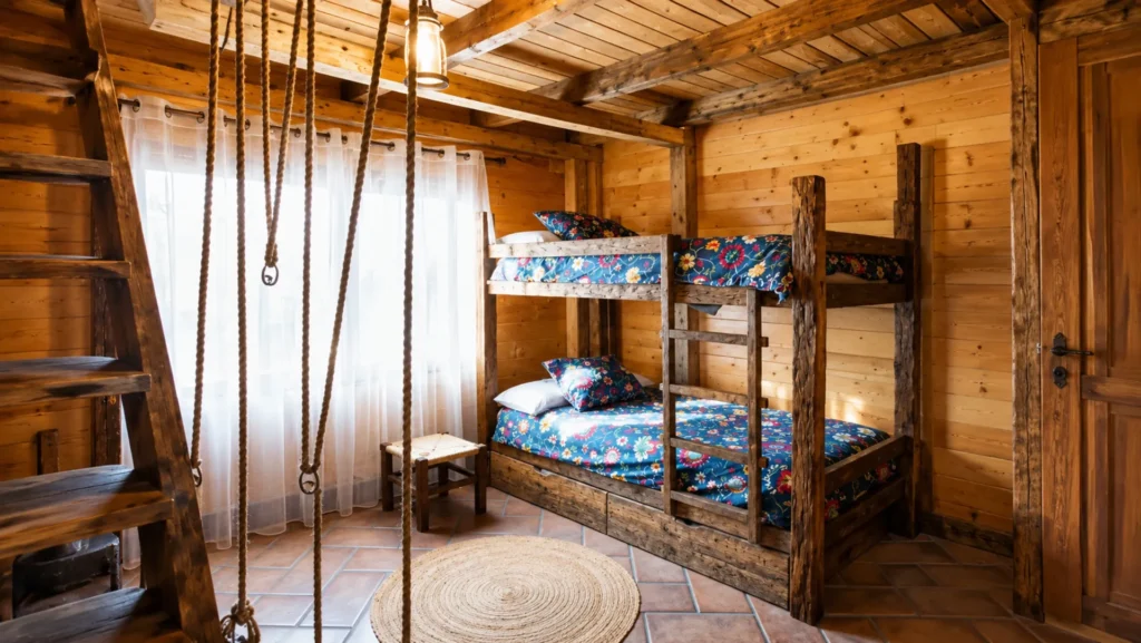 Dormitorio de madera con literas y columpio junto a una ventana