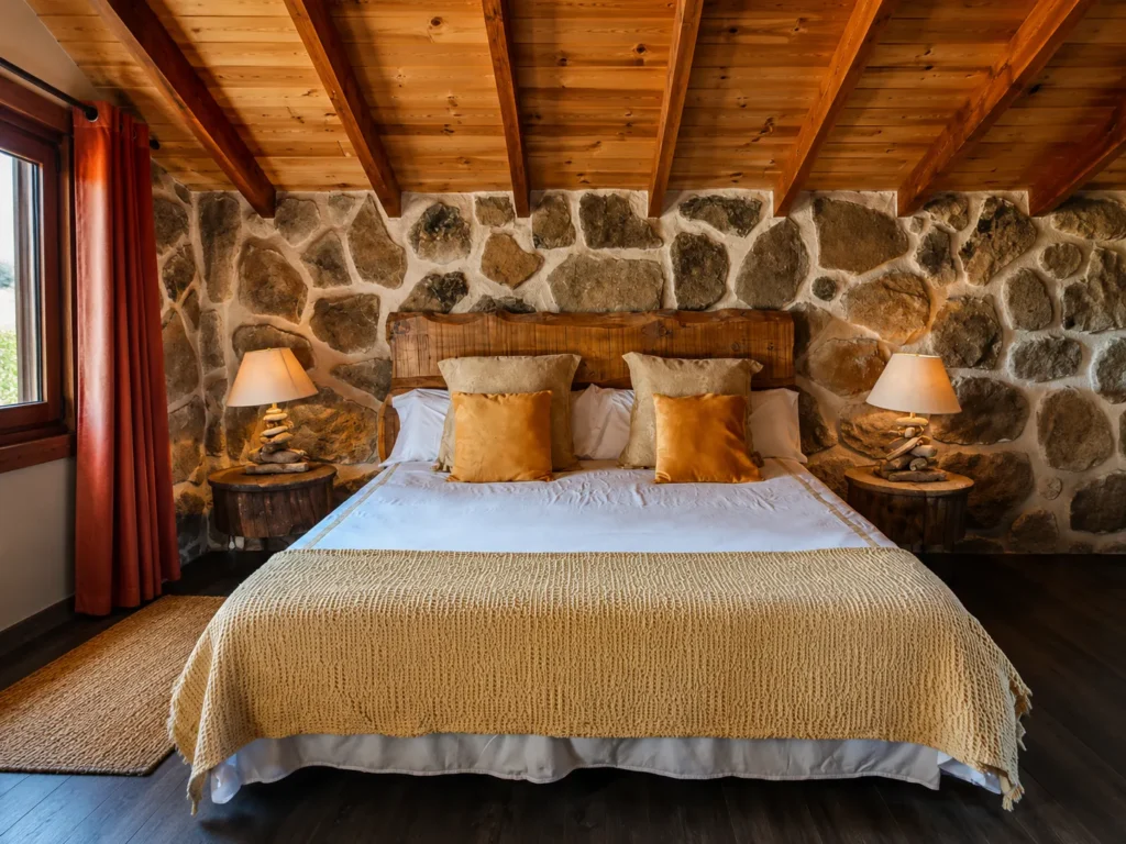 Cama de matrimonio junto a una pared de piedra y techo de madera