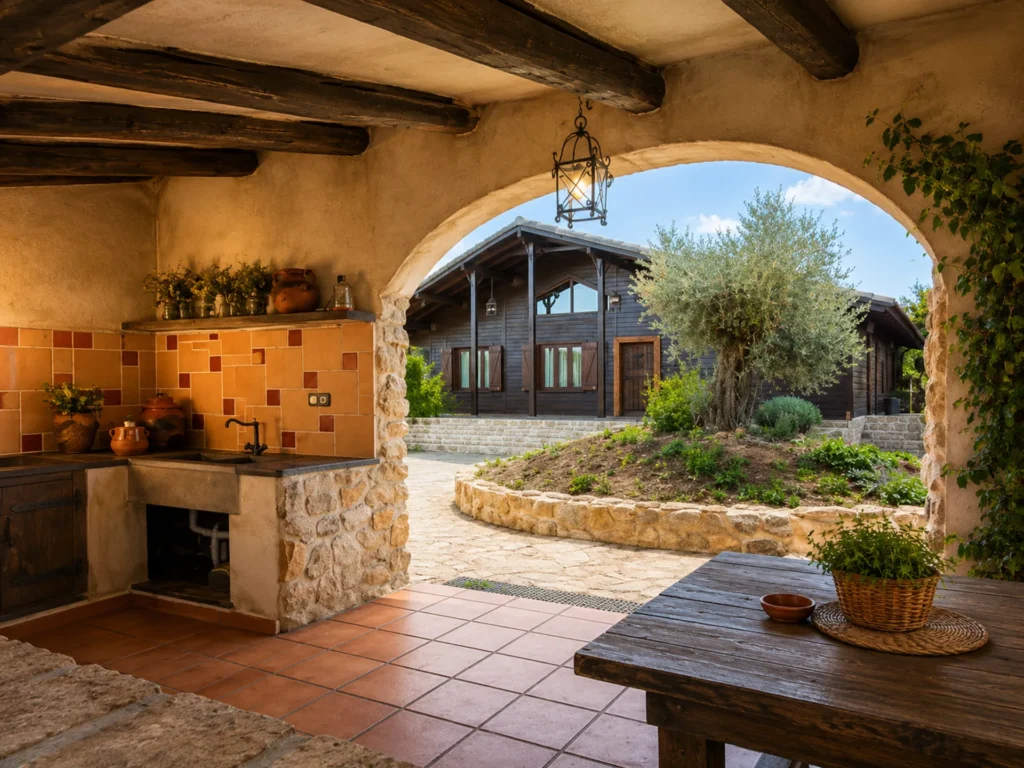 Porche de piedra con barbacoa, mesa y vistas a la casa rural