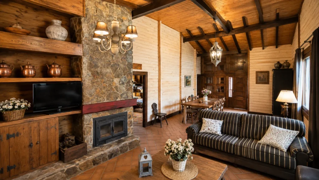 Salón con chimenea de piedra, sofá y vigas de madera
