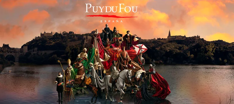 Escena de Puy du Fou España con jinetes al atardecer